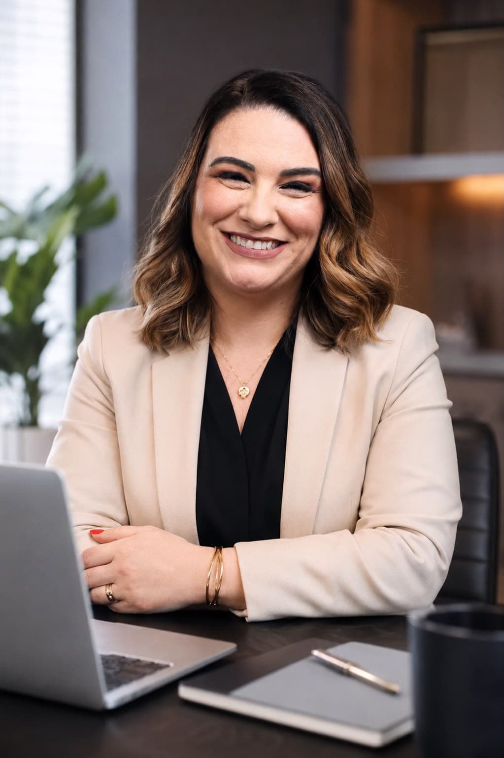 Paula Telles em sua mesa de trabalho, com notebook e caderno